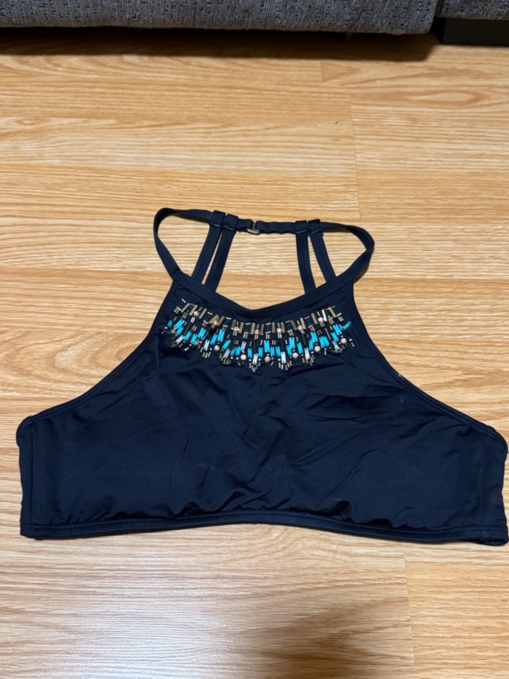Kenneth Cole New York Black High-Neck Bikini Top with Turquoise Accent